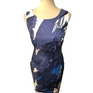 Tahari blue and white watercolor art to wear sheath career dress fully lined
